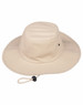 A beige bucket hat with a chin strap and a branded logo, featuring a wide brim for sun protection.