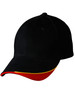A black cap with a red and yellow accent along the brim and a logo on the front.