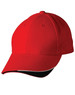 A red cap with a black and white accent on the peak, featuring a logo.