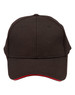 A black cap with a contrast red underbrim and a front panel featuring a logo.