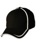 A black cap with white contrast trim, featuring a curved brim and a logo on the front.