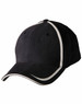 A black cap with a contrast trim in white, featuring a curved brim and a logo on the front.