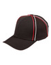 A black structured cap with red and white accent stripes and a logo on the front.