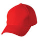 A red structured cap with a mesh design and a logo on the front.