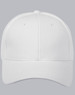 A white structured cap with a mesh design and a logo on the front.