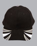 A black cap with tri-colour designs in white and grey on the brim and featuring a logo.