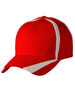 A red baseball cap featuring white contrast stripes and an adjustable back, with a logo on the front.