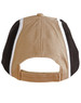 A tri-colour baseball cap featuring black, tan, and white panels with an adjustable strap at the back.