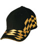 A black cap with a gold checkered racing design and a logo. The cap has a curved brim and six-panel structure.