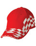A red cap featuring white checkered embroidery across the front and brim. It has a logo on the side.