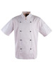 A short sleeve chef's jacket in white with black buttons and a logo on the chest.