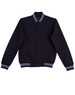 A navy blue kid's fleece varsity jacket with striped cuffs and collar, featuring a front button closure and side pockets.