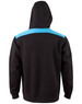 A black hoodie with a contrasting blue panel across the shoulders, featuring a hood and a logo.
