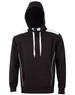 A black hoodie with contrast white detailing and a kangaroo pocket, featuring a hood and drawstrings.