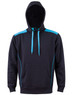 A navy hoodie with teal contrast accents and a kangaroo pocket, featuring a hood and a branding logo.