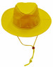 A yellow slouch hat with a wide brim and a break-away clip for secure fastening. It features a logo on the side.