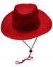 A red slouch hat featuring a wide brim and an adjustable break-away clip for secure wear.