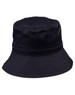 A black bucket hat with a wide brim and a toggle for adjustment, featuring a simple design.