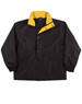 A black kids' contrast jacket with a yellow collar and elasticated cuffs, featuring a logo.
