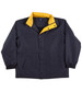 A navy and yellow kids' contrast varsity jacket with a snap closure and side pockets. Features an exterior logo.