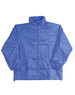 A blue kids' outdoor activity spray jacket with a zip front and elastic cuffs, featuring a logo on the chest.