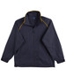 A navy track jacket featuring yellow accent stitching and a zippered front, with a logo on the chest area.