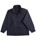 A track jacket in dark navy with red accents, featuring a zip front and a high collar. It has a logo on it.