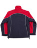 A reversible jacket featuring a navy blue body with red sleeves and contrast piping, and a logo on the design.