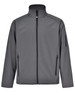 A grey men's softshell high-tech jacket featuring a zip front and two side pockets, with an additional pocket on the arm.