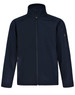 A navy blue men's softshell high-tech jacket featuring a zip front and multiple pockets, including a zippered arm pocket.
