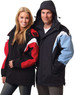 A tri-colour jacket with a hood in black, red, and light blue, displayed on a man and woman. The jacket features a logo.