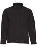 A black softshell jacket with a zippered front and side pockets, featuring a logo on the arm.