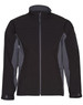 A men's softshell jacket in black with grey contrast panels, featuring a zip closure and side pockets.
