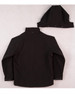 A black Kids' Softshell Full Zip Hoodie with a detachable hood, featuring a logo on the back.