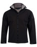 A black kids' softshell full zip hoodie with a grey interior and a zippered front. It features a stand-up collar and a logo.