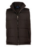 A heavy quilted vest in dark brown with a high collar and two front pockets, featuring a logo on the inner label.