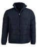 A black heavy quilted puffer jacket with a zipper and side pockets, featuring a collar and logo.