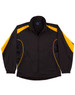 A black track jacket with yellow accents, featuring a zip front and a logo on the chest.