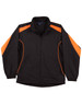 A black warm-up jacket featuring orange accents, with a zip front and elastic cuffs. It has pockets and a branded logo.