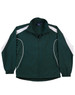 A green track jacket with white accents, featuring a zip front and elastic cuffs. It includes a logo.