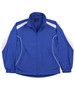 A blue kids' warm-up jacket with white accents and a logo, featuring side pockets and a relaxed fit.