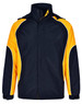 Unisex jacket in navy and yellow with a logo, featuring a zip-up front and high collar.