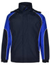 A unisex jacket in navy blue with electric blue accents and white piping, featuring a high collar and a logo.