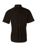 A black short sleeve button-up shirt with a collar and a front pocket, featuring a logo.