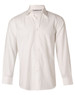 A white long sleeve button-up shirt with a mini herringbone pattern and a chest pocket. It features a logo on the collar.