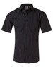 A black short sleeve button-up shirt with white pinstripes and a logo on the chest.