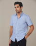 A short sleeve button-up shirt in blue with white stripes, featuring a logo on one side.