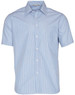 Men's short sleeve button-up shirt in blue and white stripes, featuring a chest pocket and a collar.