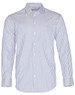 A long sleeve button-up shirt featuring blue and white sateen stripes, with a pocket and a branded logo.