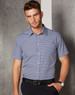 A short-sleeved, button-up shirt featuring a navy and white check pattern, with a collar and a subtle logo.
